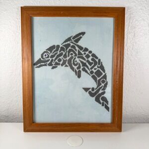 Dolphin Tribal Cross Stitch Framed Wall Art Blue Grey Geometric Nautical Decor